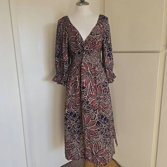Angie Crinkle Rayon Front Keyhole Boho Midi Dress, Blk/Brn/Tan, 3/4 Slv. NWT, L - Picture 1 of 11